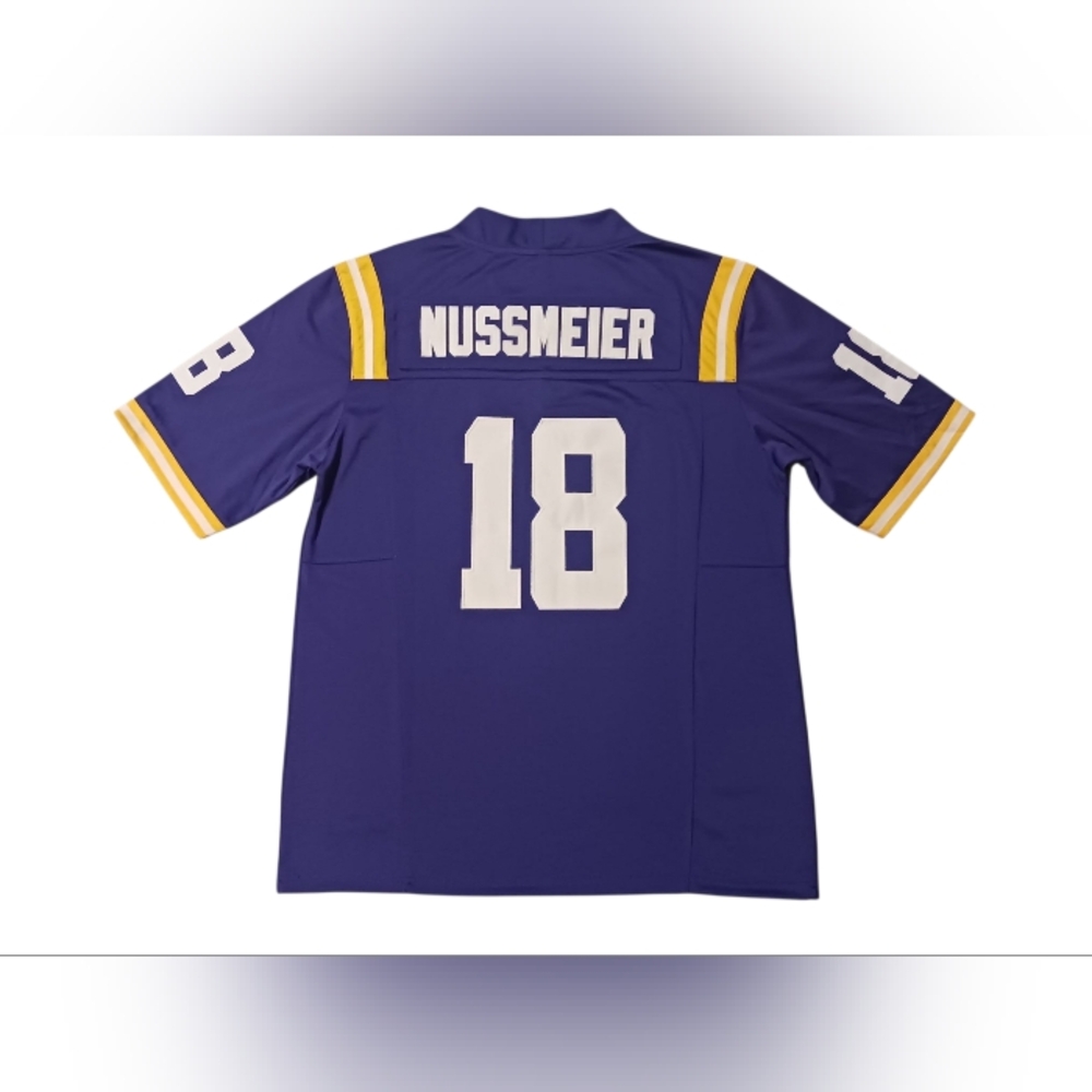 Mens LSU Tigers #18 Garrett Nussmeier Purple Home Jersey (Small)